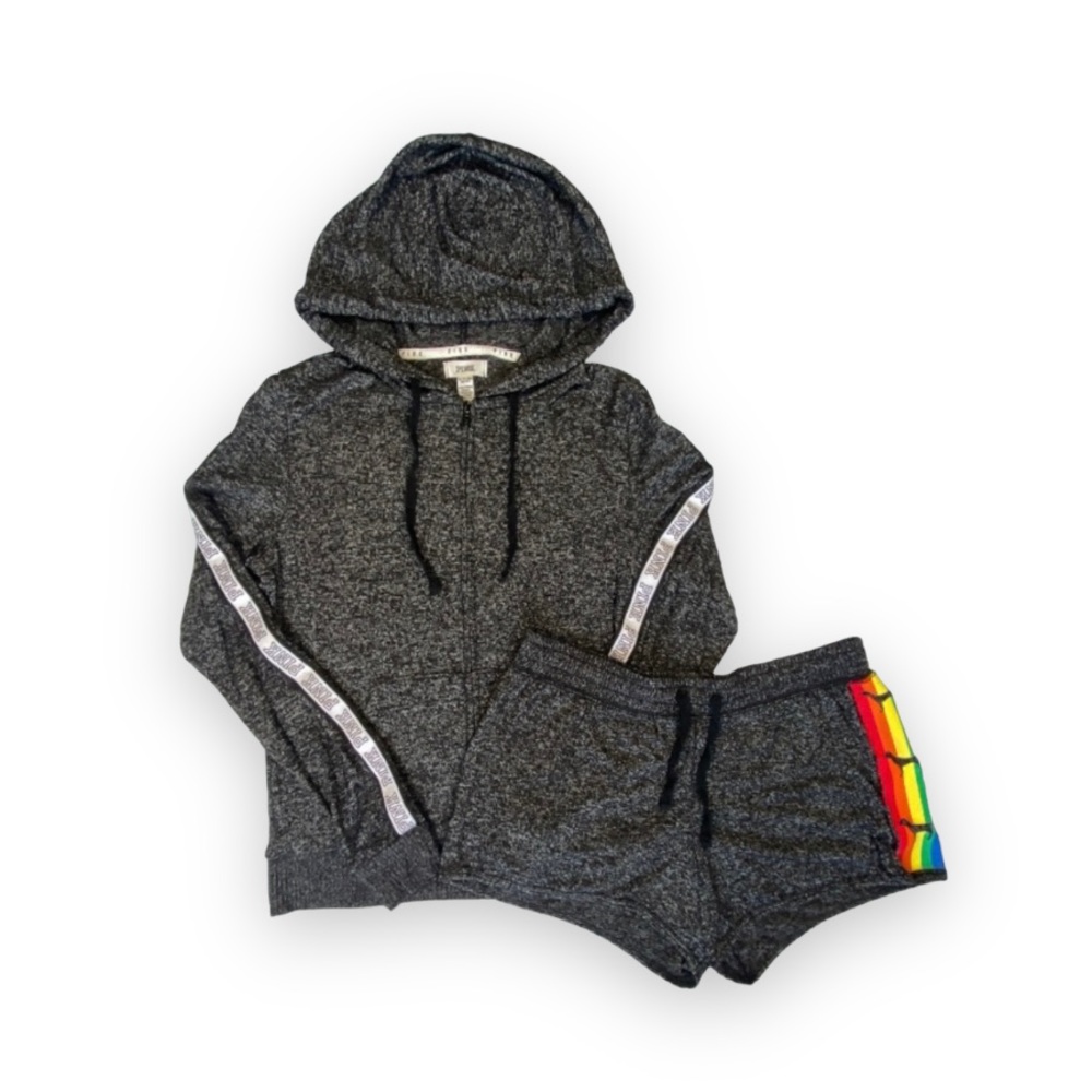 VS PINK Two Piece Matching Set Grey Pride Rainbow Zip Up Hoodie & Shorts XS/S